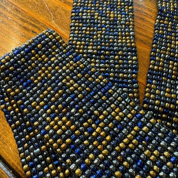 Vintage Beaded Statement Blue/Gold Stretchy Belt with Teak Wooded Buckle - Picture 4 of 8